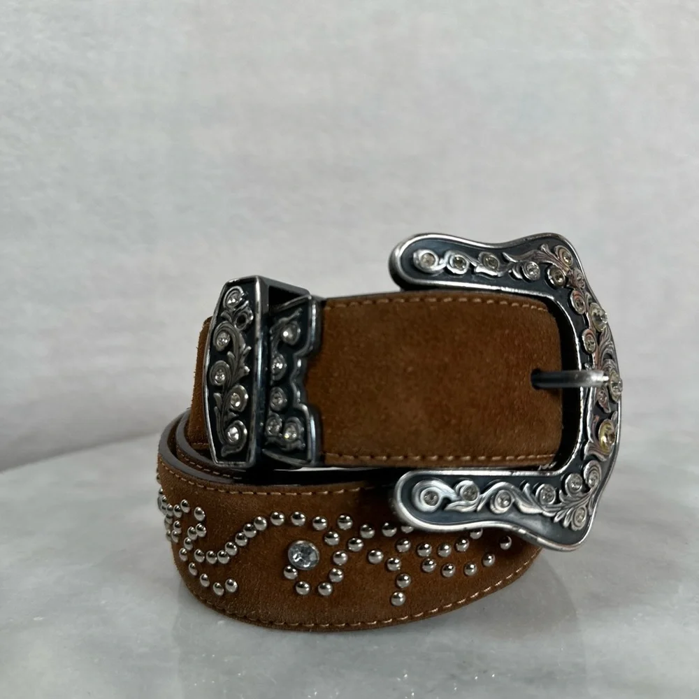 Justin‎ Rhinestone western belt dark brown leather suede silver cowgirl